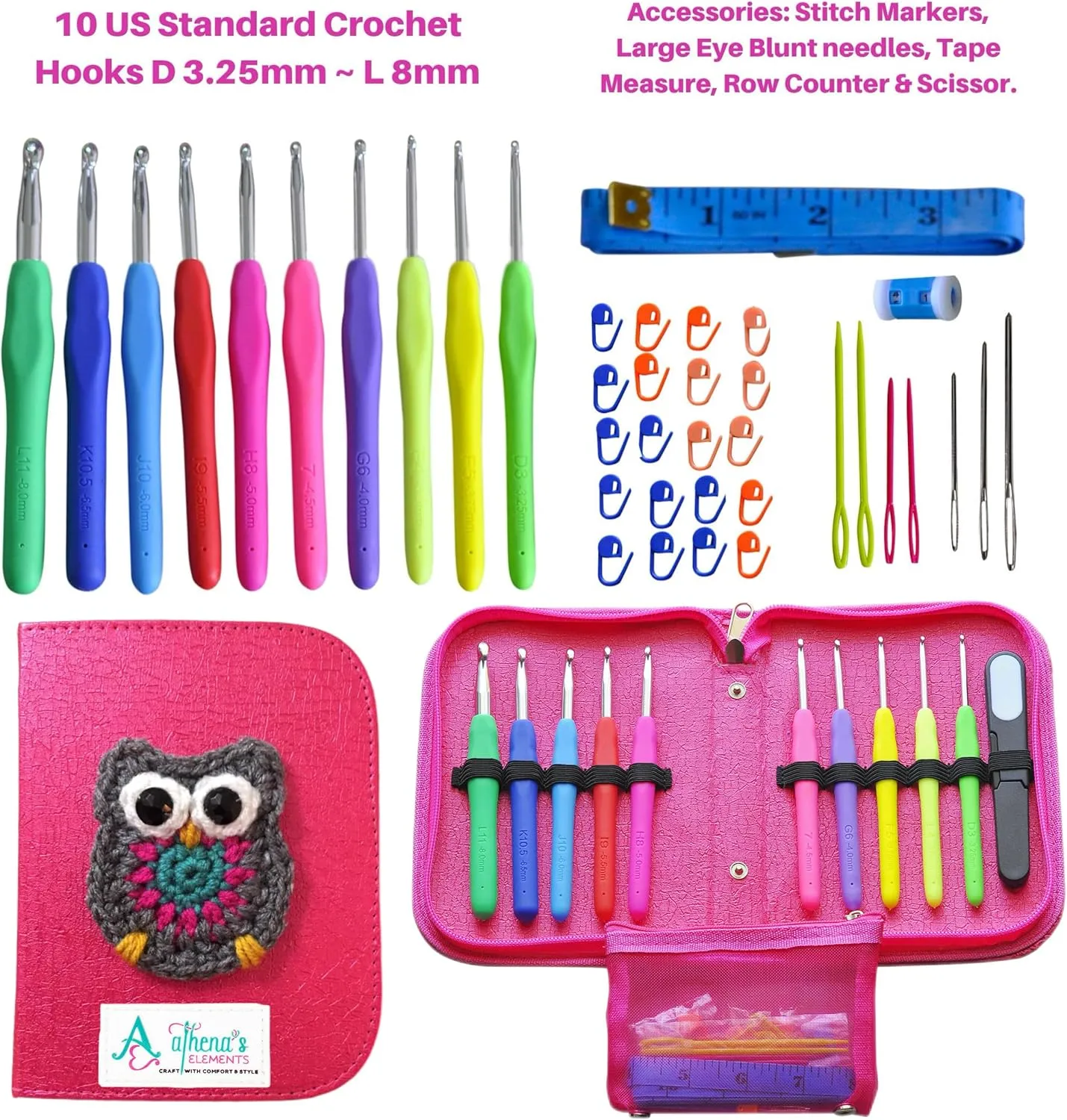 Athena's Elements Best Crochet Hook Set with Ergonomic Cushioned Handles. Perfect Crochet Hooks for Arthritic Hands, Smooth Knitting Needles for Superior Results & Knitting Accessories