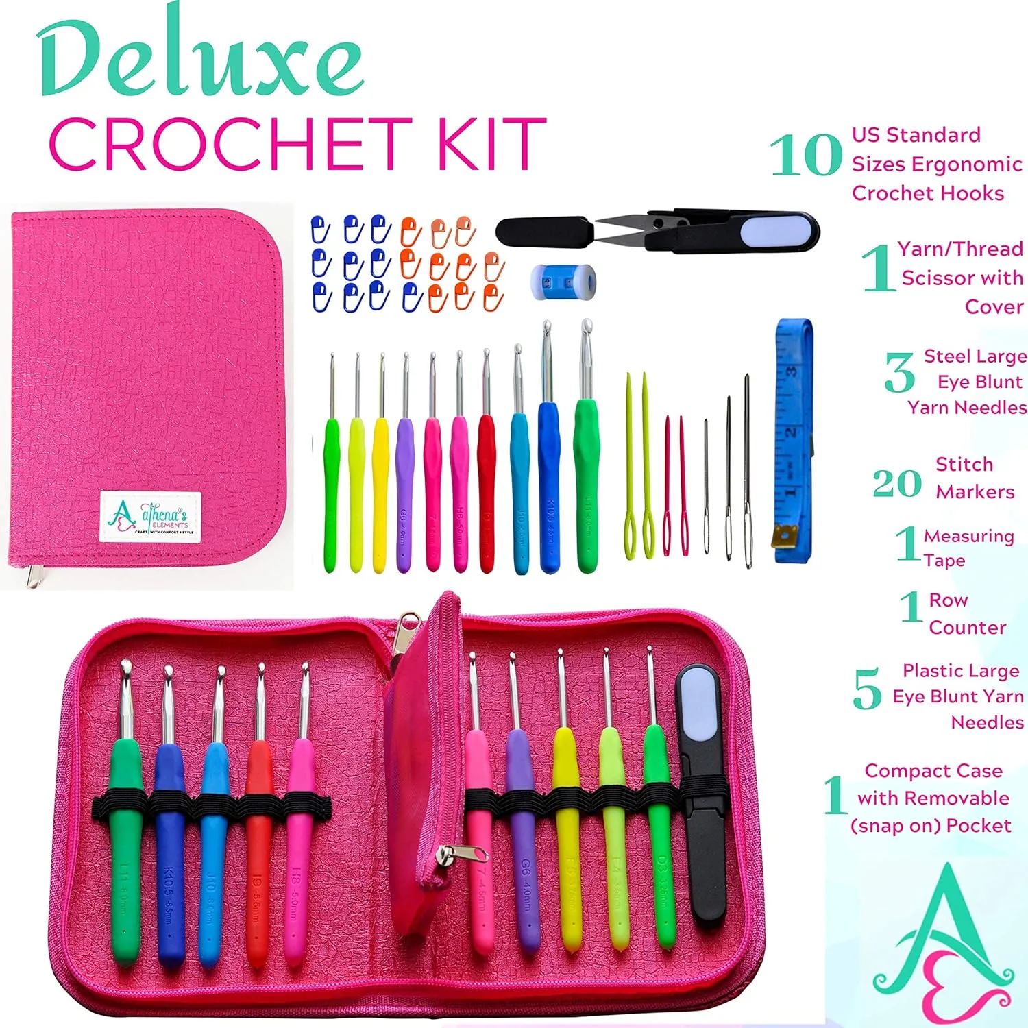 Athena's Elements Best Crochet Hook Set with Ergonomic Cushioned Handles. Perfect Crochet Hooks for Arthritic Hands, Smooth Knitting Needles for Superior Results & Knitting Accessories