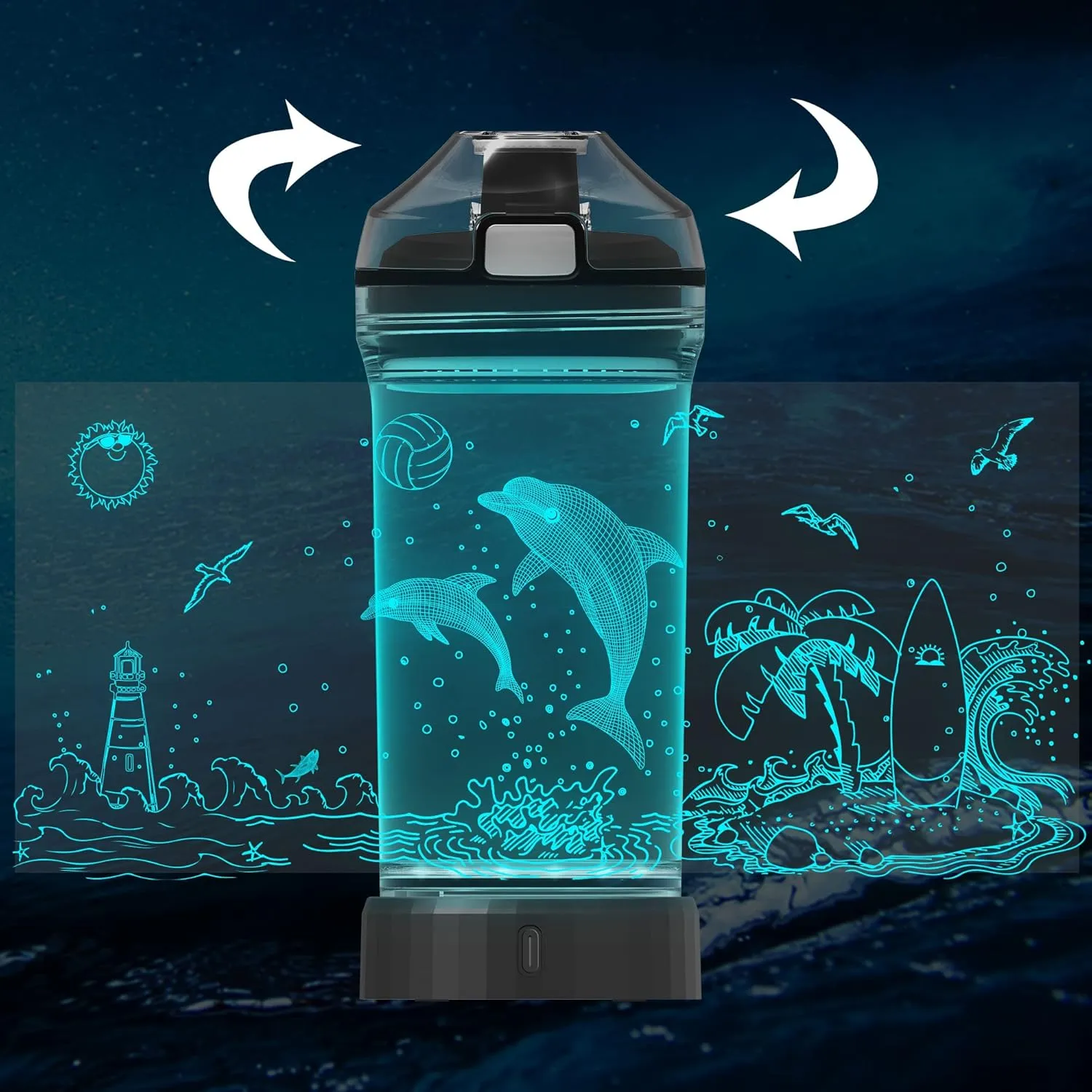 Attivolife Kids Water Bottle with 3D Glowing Dolphin LED Light - 14 OZ Tritan BPA Free - 7 Color Changing - Timer Function, Creative Gift Cup for Child Boy Teen School Holiday Camping Travel Picnic