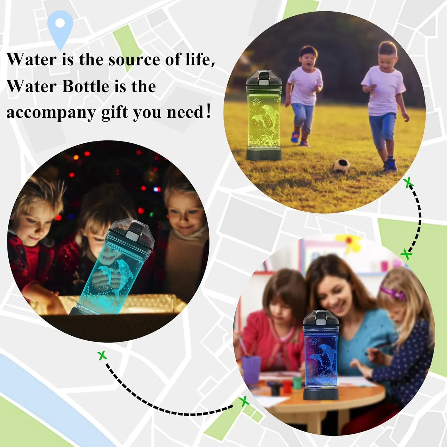 Attivolife Kids Water Bottle with 3D Glowing Dolphin LED Light - 14 OZ Tritan BPA Free - 7 Color Changing - Timer Function, Creative Gift Cup for Child Boy Teen School Holiday Camping Travel Picnic