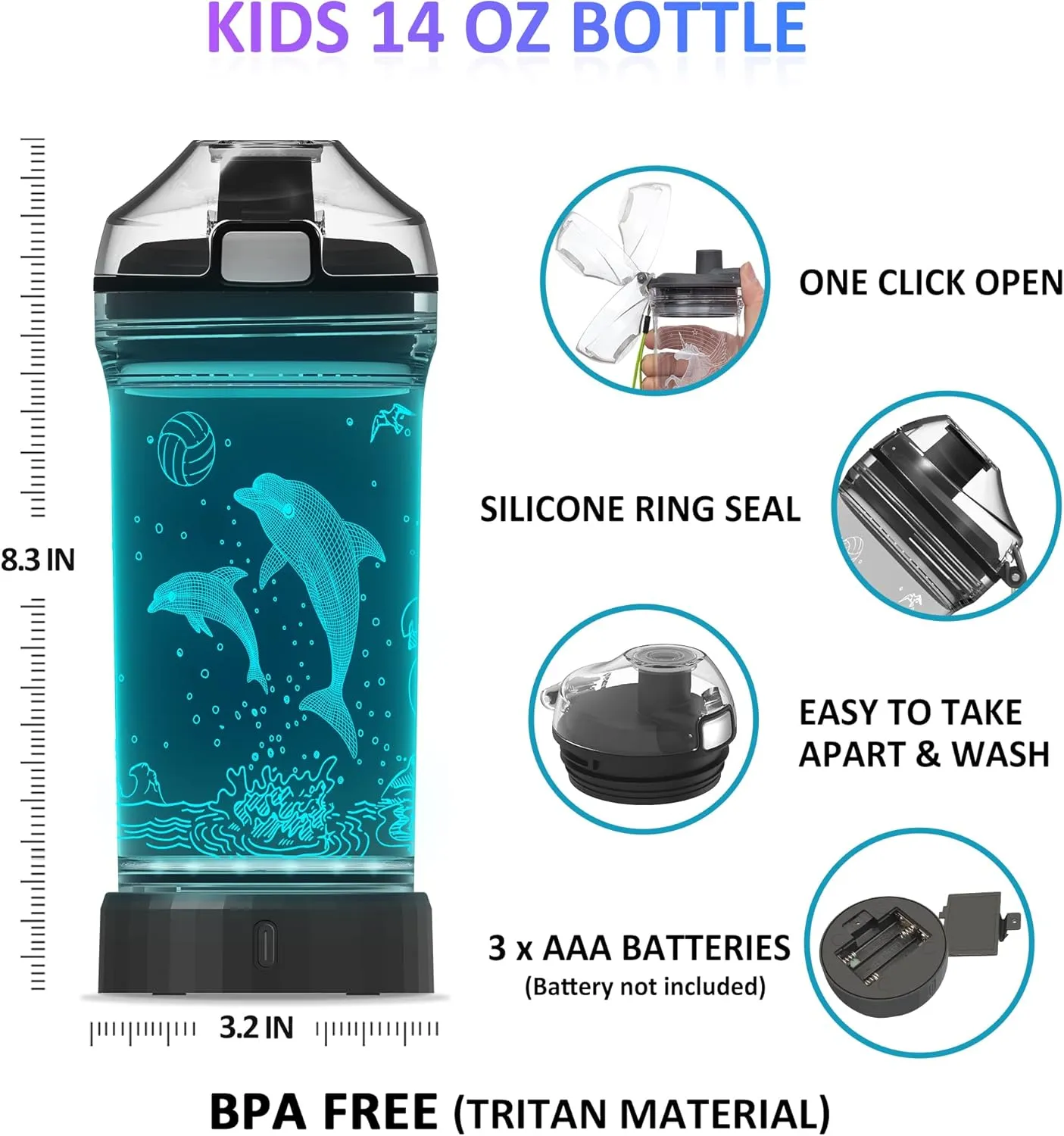 Attivolife Kids Water Bottle with 3D Glowing Dolphin LED Light - 14 OZ Tritan BPA Free - 7 Color Changing - Timer Function, Creative Gift Cup for Child Boy Teen School Holiday Camping Travel Picnic