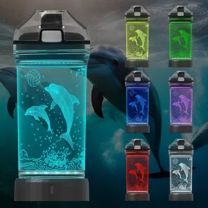 Attivolife Kids Water Bottle with 3D Glowing Dolphin LED Light - 14 OZ Tritan BPA Free - 7 Color Changing - Timer Function, Creative Gift Cup for Child Boy Teen School Holiday Camping Travel Picnic