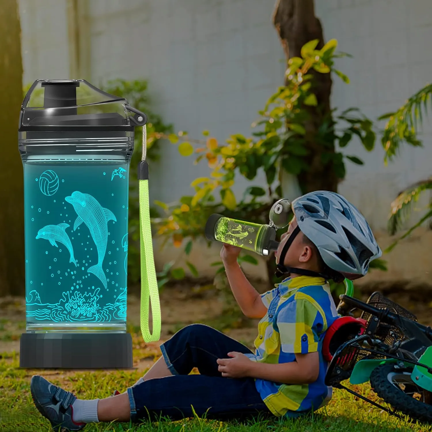 Attivolife Kids Water Bottle with 3D Glowing Dolphin LED Light - 14 OZ Tritan BPA Free - 7 Color Changing - Timer Function, Creative Gift Cup for Child Boy Teen School Holiday Camping Travel Picnic