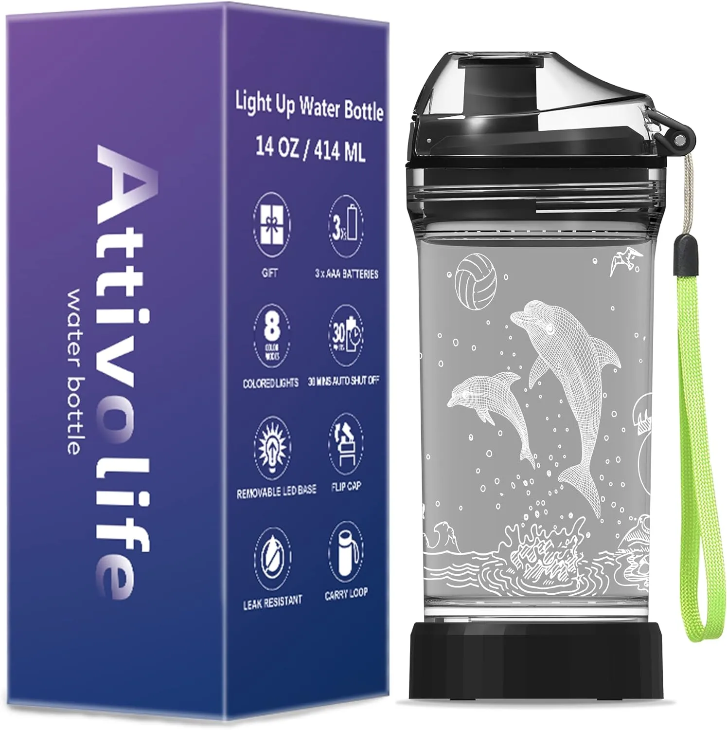 Attivolife Kids Water Bottle with 3D Glowing Dolphin LED Light - 14 OZ Tritan BPA Free - 7 Color Changing - Timer Function, Creative Gift Cup for Child Boy Teen School Holiday Camping Travel Picnic