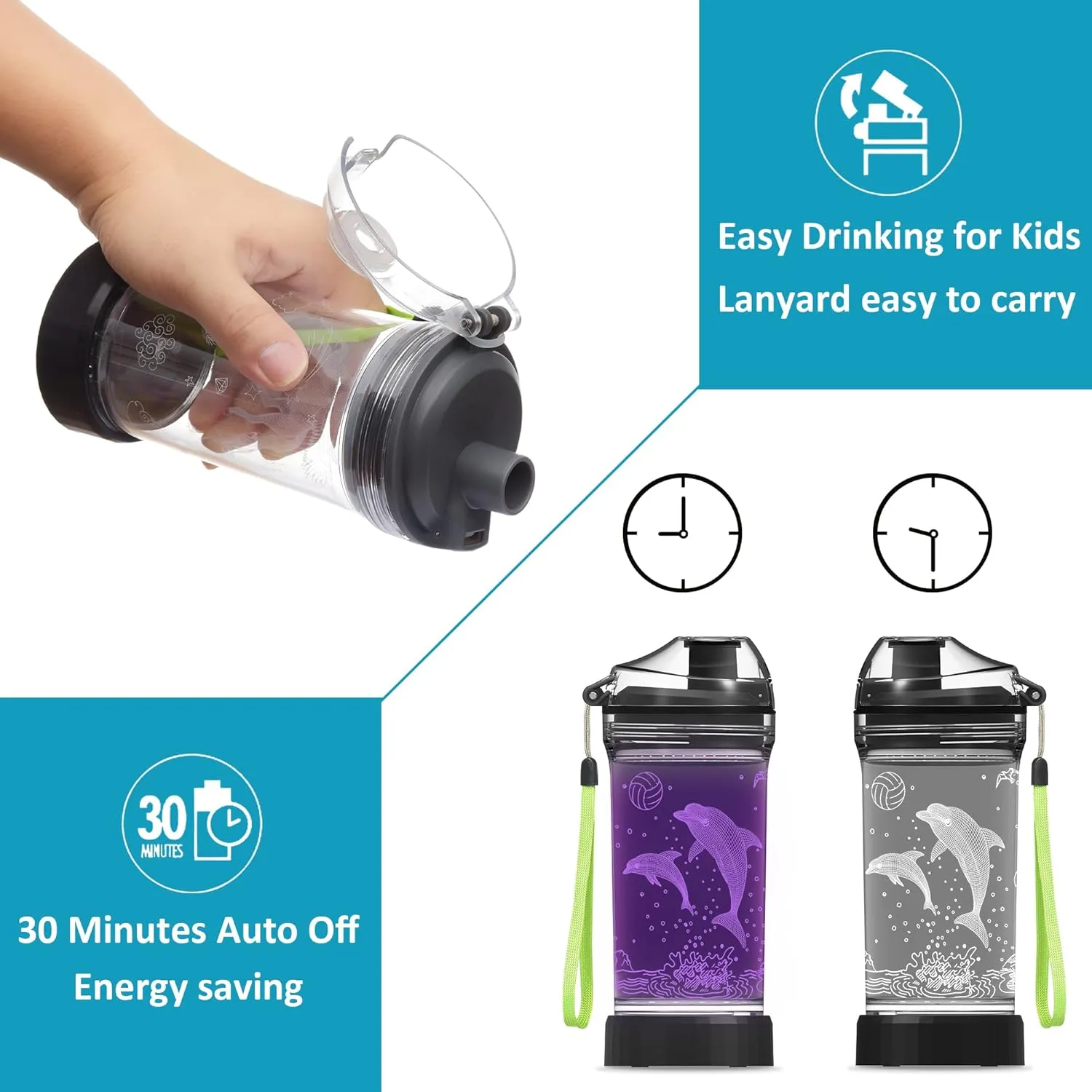 Attivolife Kids Water Bottle with 3D Glowing Dolphin LED Light - 14 OZ Tritan BPA Free - 7 Color Changing - Timer Function, Creative Gift Cup for Child Boy Teen School Holiday Camping Travel Picnic