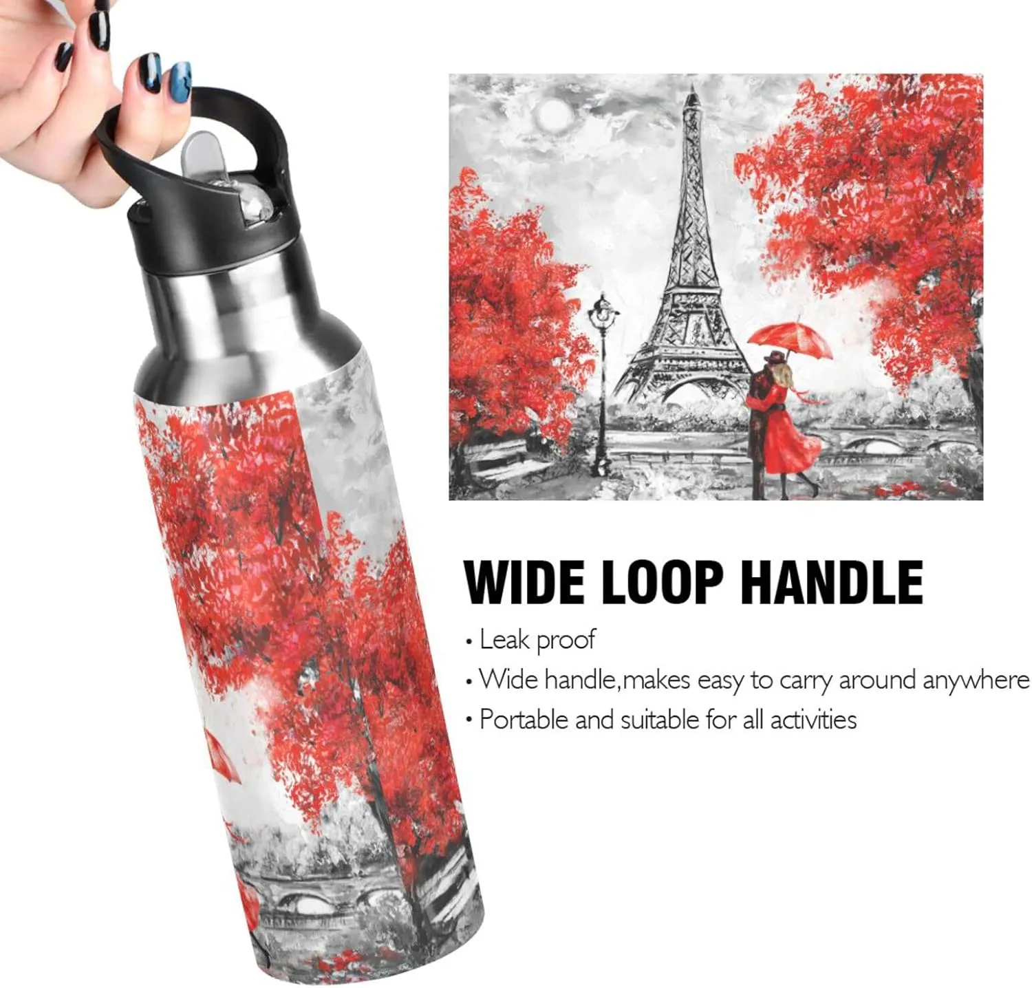 ATTX Red Paris Couple Water Bottle with Straw, 20OZ Sports Water Bottle BPA Free Stainless Steel Water Jugs for Gym,Working, Outdoor