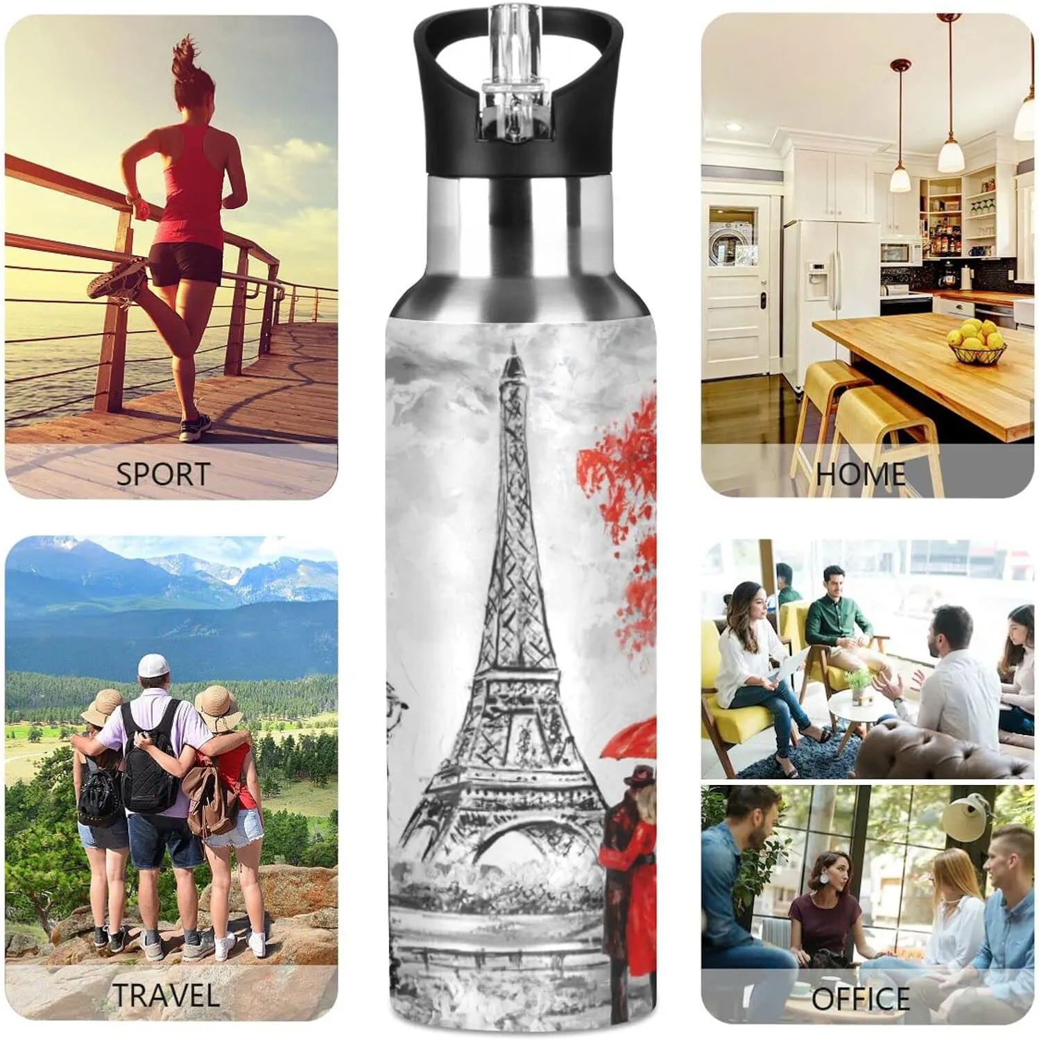ATTX Red Paris Couple Water Bottle with Straw, 20OZ Sports Water Bottle BPA Free Stainless Steel Water Jugs for Gym,Working, Outdoor