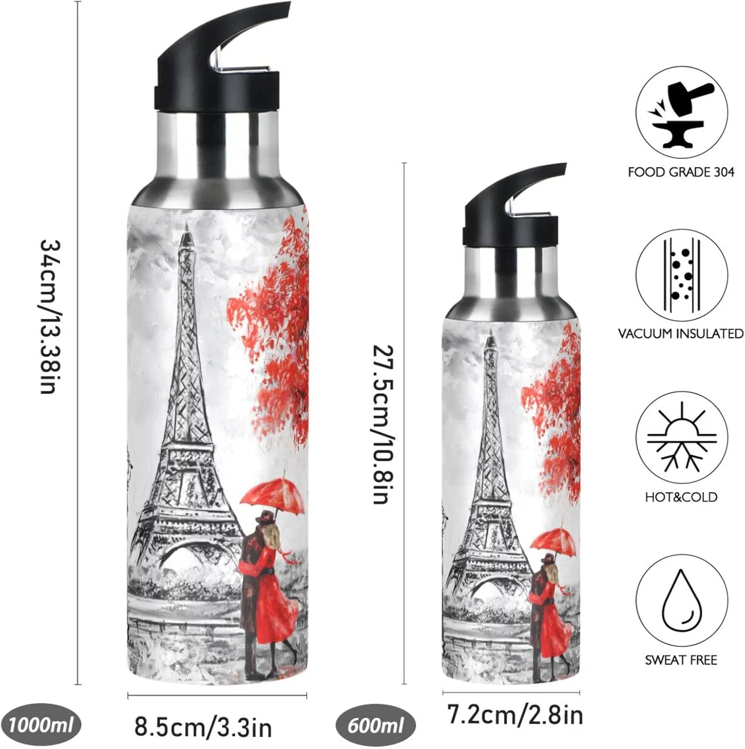 ATTX Red Paris Couple Water Bottle with Straw, 20OZ Sports Water Bottle BPA Free Stainless Steel Water Jugs for Gym,Working, Outdoor