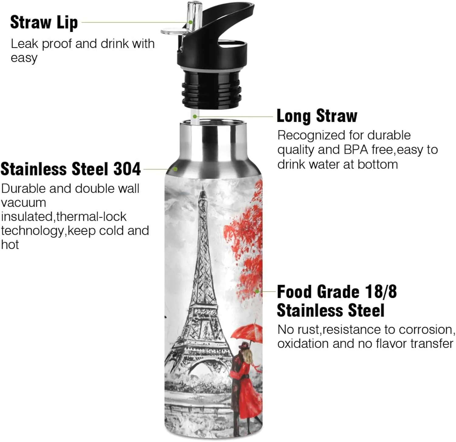 ATTX Red Paris Couple Water Bottle with Straw, 20OZ Sports Water Bottle BPA Free Stainless Steel Water Jugs for Gym,Working, Outdoor