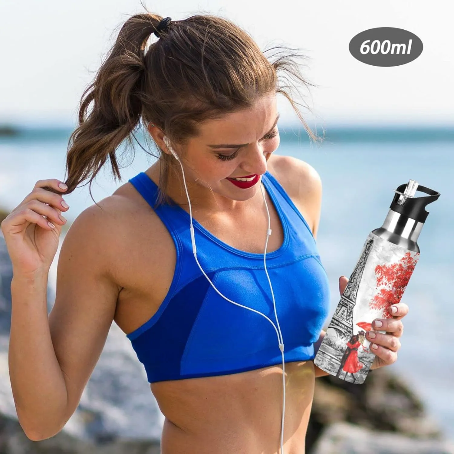 ATTX Red Paris Couple Water Bottle with Straw, 20OZ Sports Water Bottle BPA Free Stainless Steel Water Jugs for Gym,Working, Outdoor