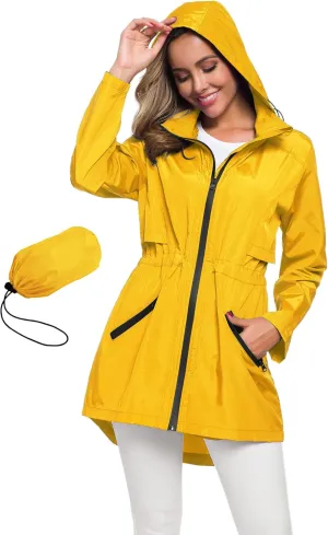 Avoogue Women's Long Raincoat with Hood Outdoor Lightweight Windbreaker Rain Jacket Waterproof