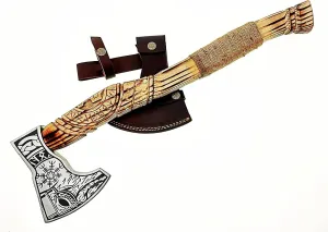 AX-7000 Custom Gift Forged Carbon Steel Viking Axe with Rose Wood Shaft, Viking Bearded Camping Axe (AX-7000) (AX-7000)