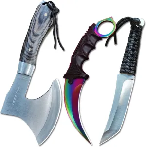 Axe and Fixed Blade Knife Combo Set, Full Tang, Wood Handle, for Outdoor Camping Survival Hunting, Sheath Included
