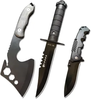 Axe and Spring Assisted Knives Fixed Blade Knife Combo Set, Full Tang, Wood Handle, for Outdoor Camping Survival Hunting, Sheath Included