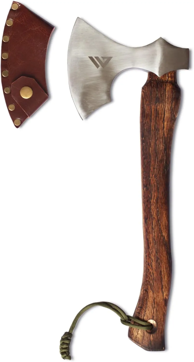 Axe with Carbon Steel Blade and Wooden Handle - Premium Hatchet with Paracord Lanyard & PU Leather Sheath