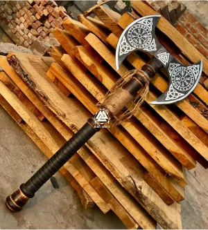 Axes,Functional Axe, Bushcraft Axe Hatchet for Hunting Bearded Axe Double Head Axe Tool with Free Leather Sheath dd007 Black/Sliver (Viking Double Bit Axe)