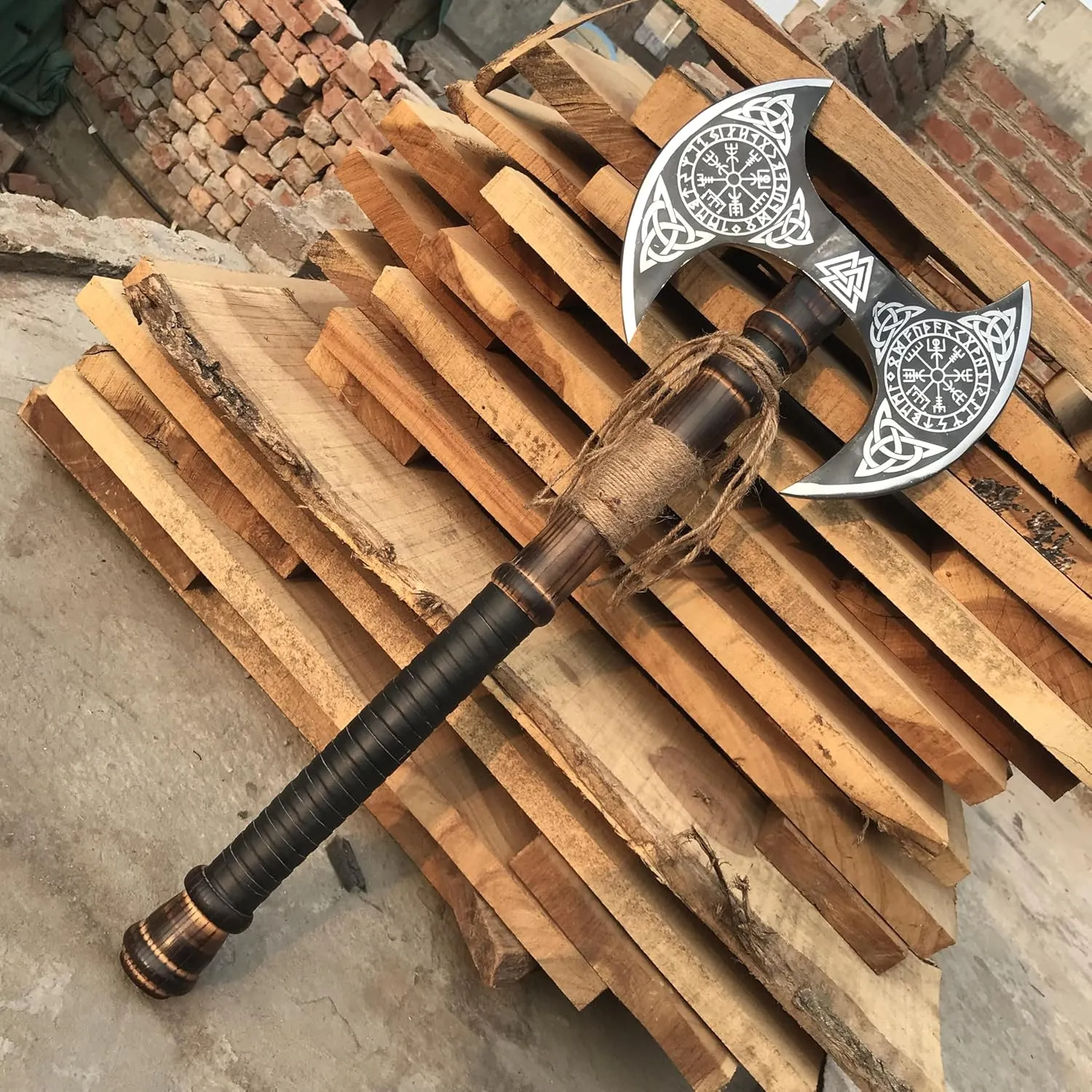 Axes,Functional Axe, Bushcraft Axe Hatchet for Hunting Bearded Axe Double Head Axe Tool with Free Leather Sheath dd007 Black/Sliver (Viking Double Bit Axe)