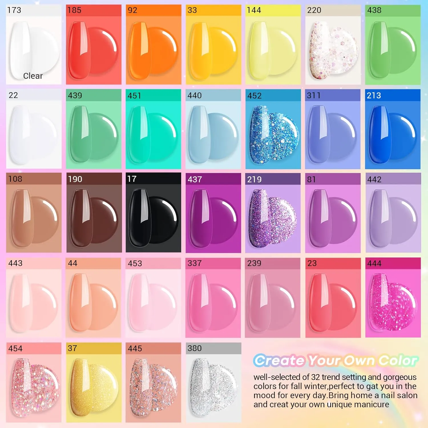 AZUREBEAUTY 42Pcs Dip Powder Nail Kit Starter, 32 Colors Spring Rainbow Bright Pink Red Green Acrylic Dipping Powder Set with Top/Base Coat Activator for French Art Manicure DIY Salon Gift
