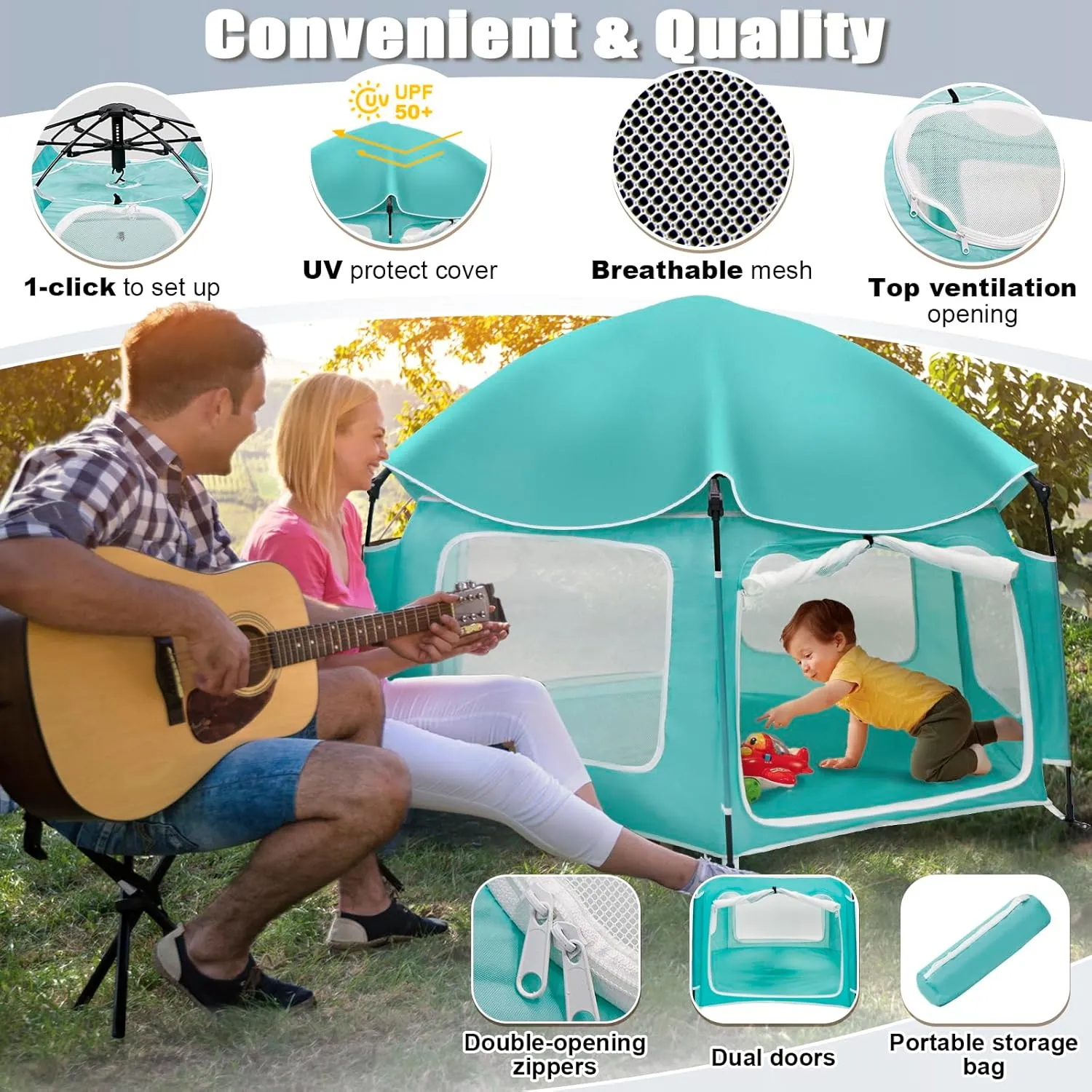 Baby Playpen with UV Canopy, Portable 1-Click Set Up Baby Tent, Toddler Play Yard for Indoor, Outdoor, Foldable Playpen for Beach, Camping, Home, Lightweight Versatile Kids Tent, with Travel Bag
