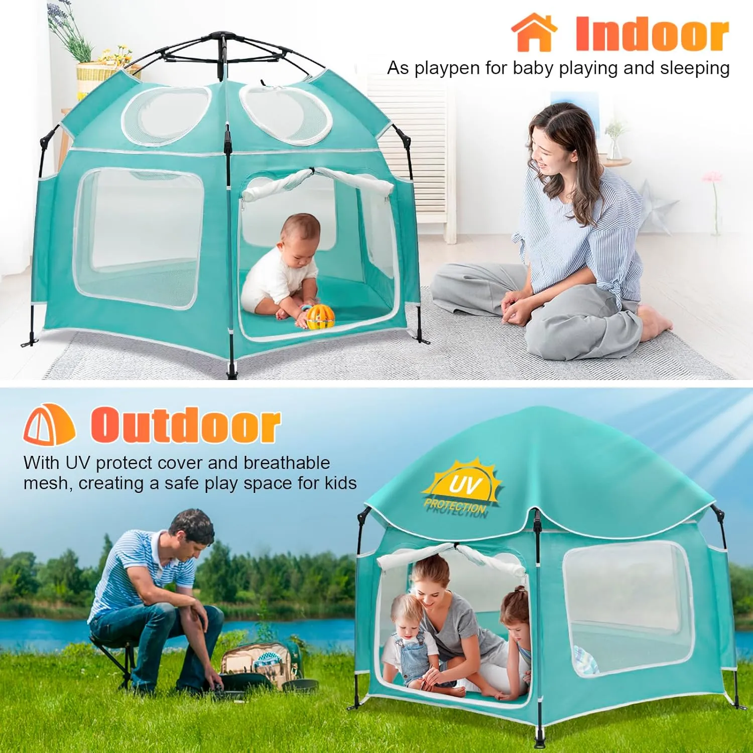 Baby Playpen with UV Canopy, Portable 1-Click Set Up Baby Tent, Toddler Play Yard for Indoor, Outdoor, Foldable Playpen for Beach, Camping, Home, Lightweight Versatile Kids Tent, with Travel Bag