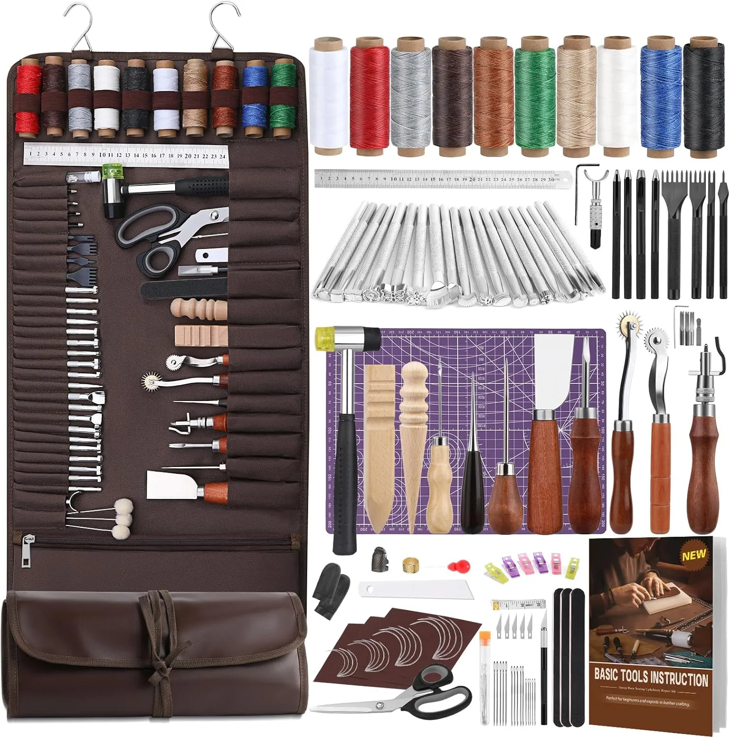 BAGERLA 120PCS Leather Working Tools, Leather Craft Tools with Custom Storage Bag Working Kit for Stamping Punching Cutting Carving Sewing Tools for Leathercraft Working