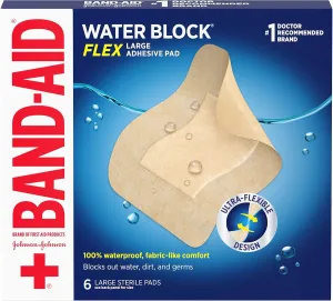 Band-Aid Brand Water Block Flex 100percent Waterproof Adhesive Bandage Pads, Large, 6 ct (Pack of 3)