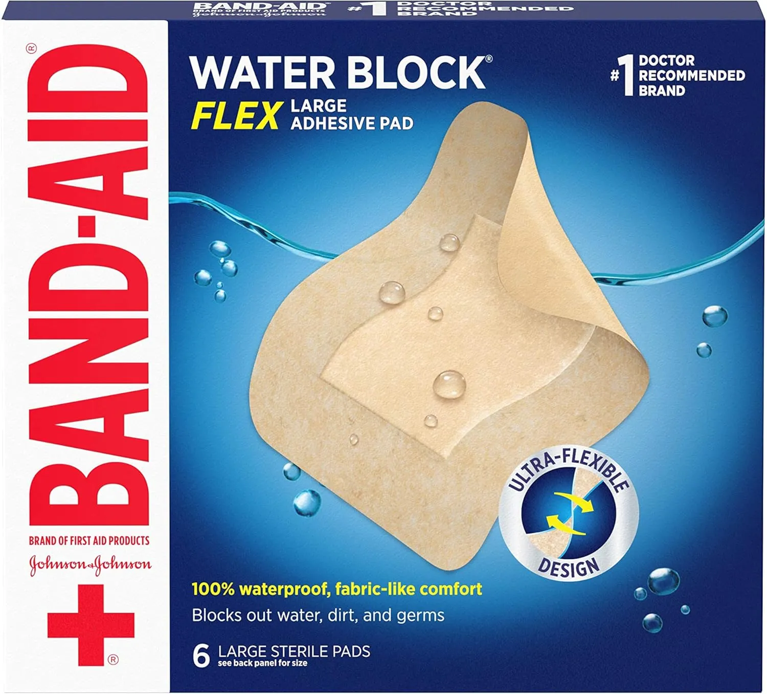 Band-Aid Brand Water Block Flex 100percent Waterproof Adhesive Bandage Pads, Large, 6 ct (Pack of 3)