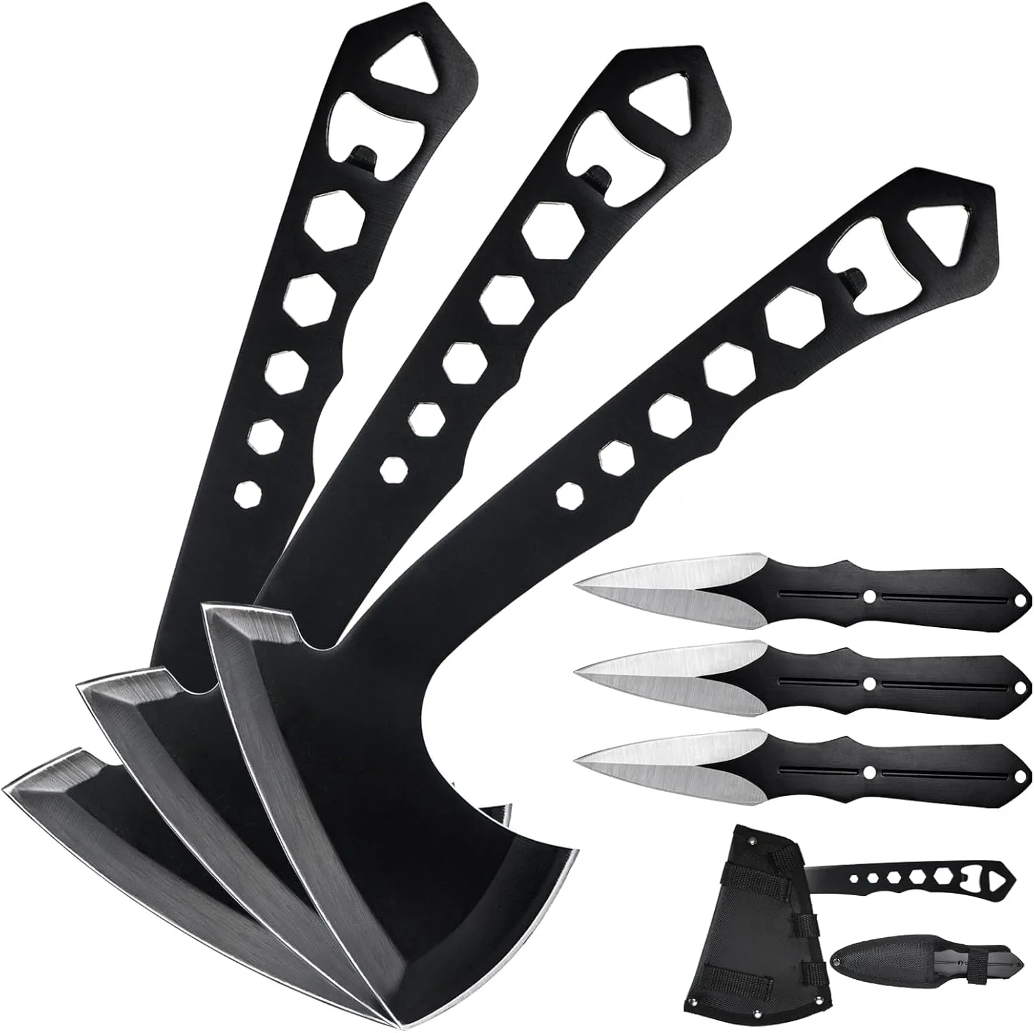 BANORES Hawkeye Throwing Axes and Tomahawks Set with 10 inch Full Tang Stainless Steel, Nylon Sheath 3 Pack