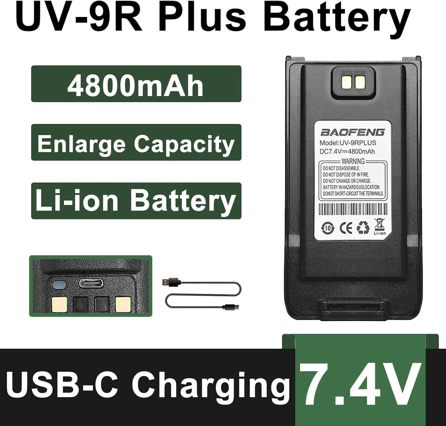 BAOFENG UV-9R Battery USB-C Charging Enlarge 4800mAh Capacity UV-9R Pro BL-9 Li-ion Battery for UV-9R Plus GMRS-9R Accessories BF-T57 Walkie Talkie Battery