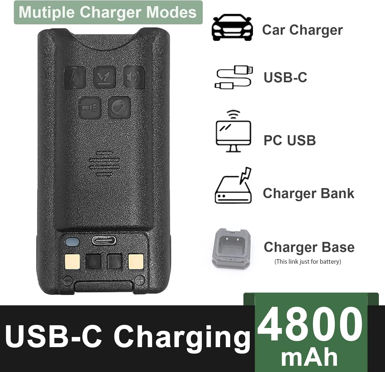 BAOFENG UV-9R Battery USB-C Charging Enlarge 4800mAh Capacity UV-9R Pro BL-9 Li-ion Battery for UV-9R Plus GMRS-9R Accessories BF-T57 Walkie Talkie Battery