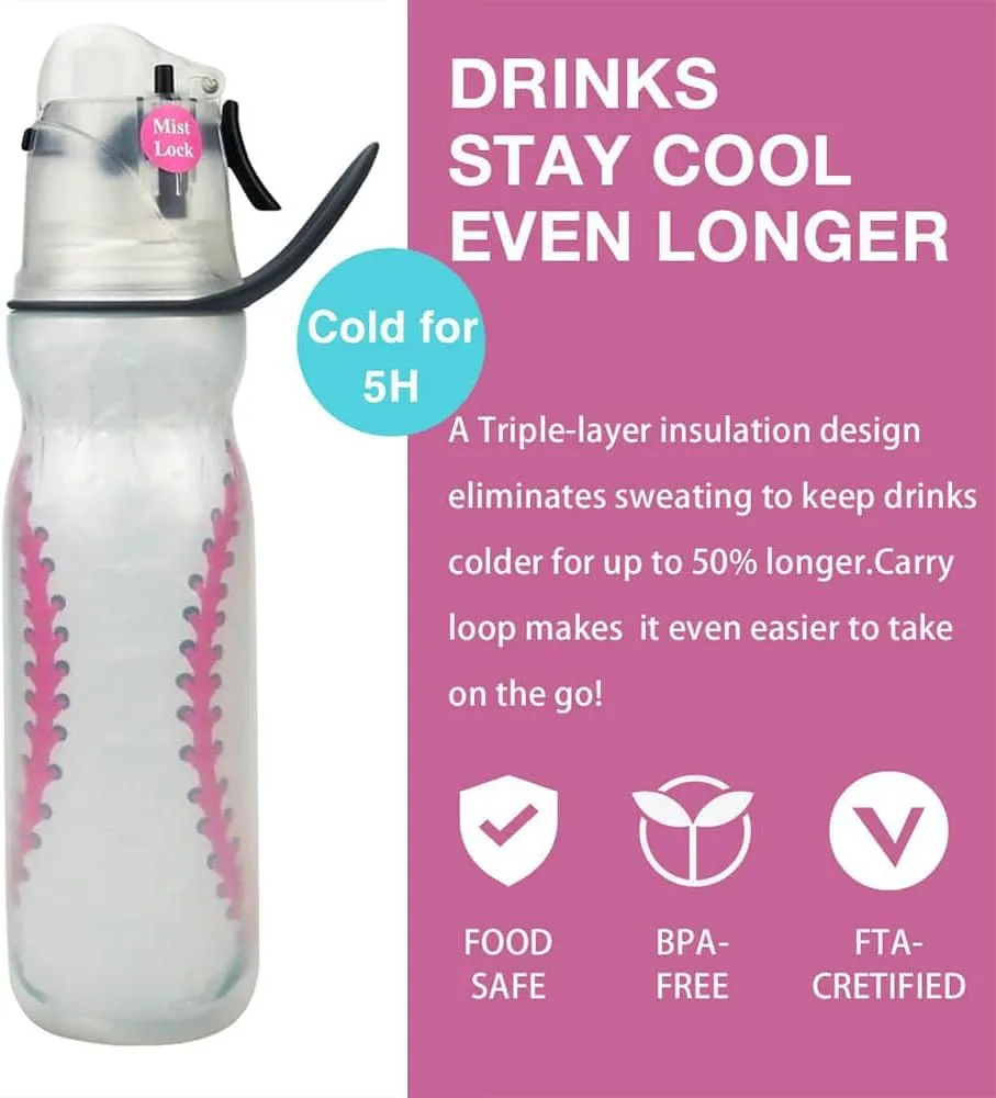 Baseball Sports Water Bottles for School Boys Girls 20 oz Kids Insulated Water Bottle Mist Sip Cool Cute Plastic Water Bottles BPA-Free Leakproof Squeeze Misting Softball Waterbottle