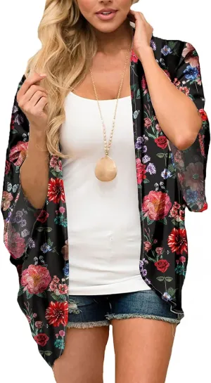 BB&KK Women's Boho Kimono Cardigans Casual Open Front Long Chiffon Cover Ups
