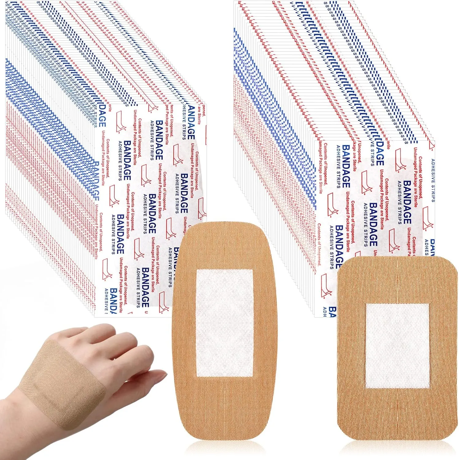 BBTO 200 Pcs Large Assorted Bandages 2 Styles Flexible Fabric Adhesive Bandages Bulk Wounds Care First Aid Supplies Fingertip Adults Wrap Skin 4 x 2'' and 3 x 2''