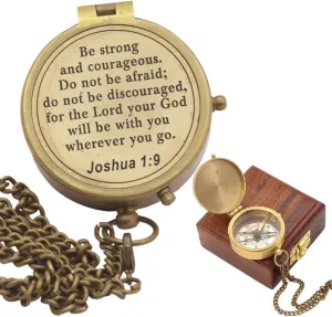 Be Strong And Courageous, Joshua 1:9, Solid Brass Directional Engraved Compass - Baptism, First Communion, Confirmation Gift for Boys, Girls, Men - Christian Catholic