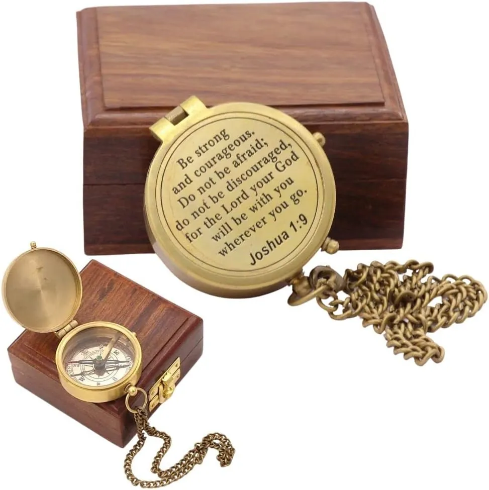 Be Strong And Courageous, Joshua 1:9, Solid Brass Directional Engraved Compass - Baptism, First Communion, Confirmation Gift for Boys, Girls, Men - Christian Catholic