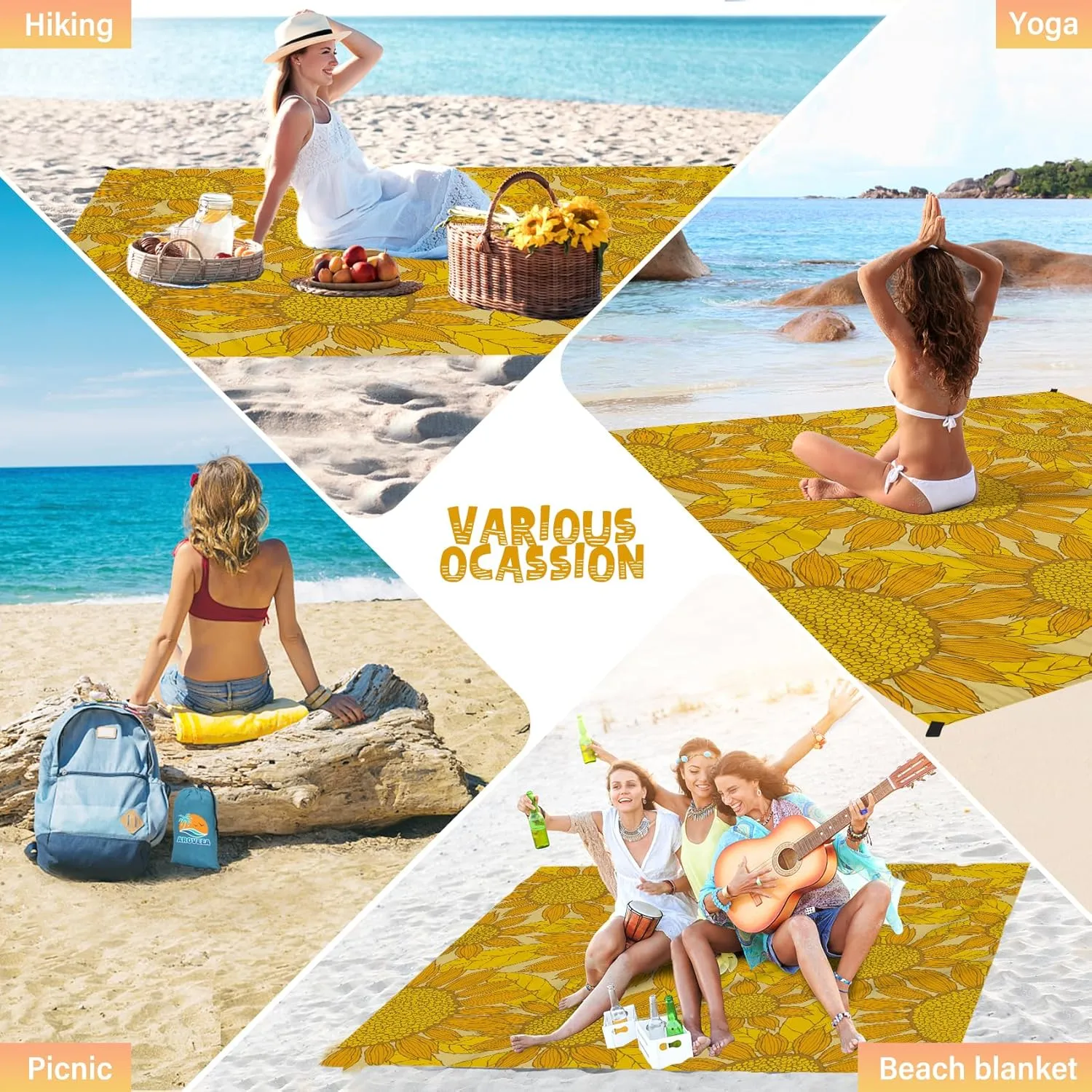 Beach Blanket Waterproof Sandproof 1-7 Adult Oversized 78 '' × 110 '' Lightweight Durable Compact Sand Free Beach Mat for Travel Camping Hiking Picnic Blanket Extra Large
