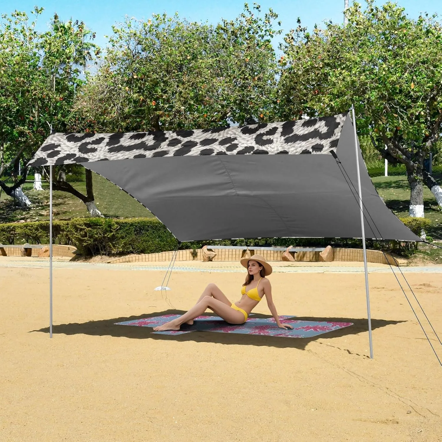 Beach Tent Canopy 9.2 × 10.5 FT Outdoor Sun Shade Patio Leopard Print Gray Black Large Sand Camping Sun Shelter Wind Sail Shade with Sandbags Anchor