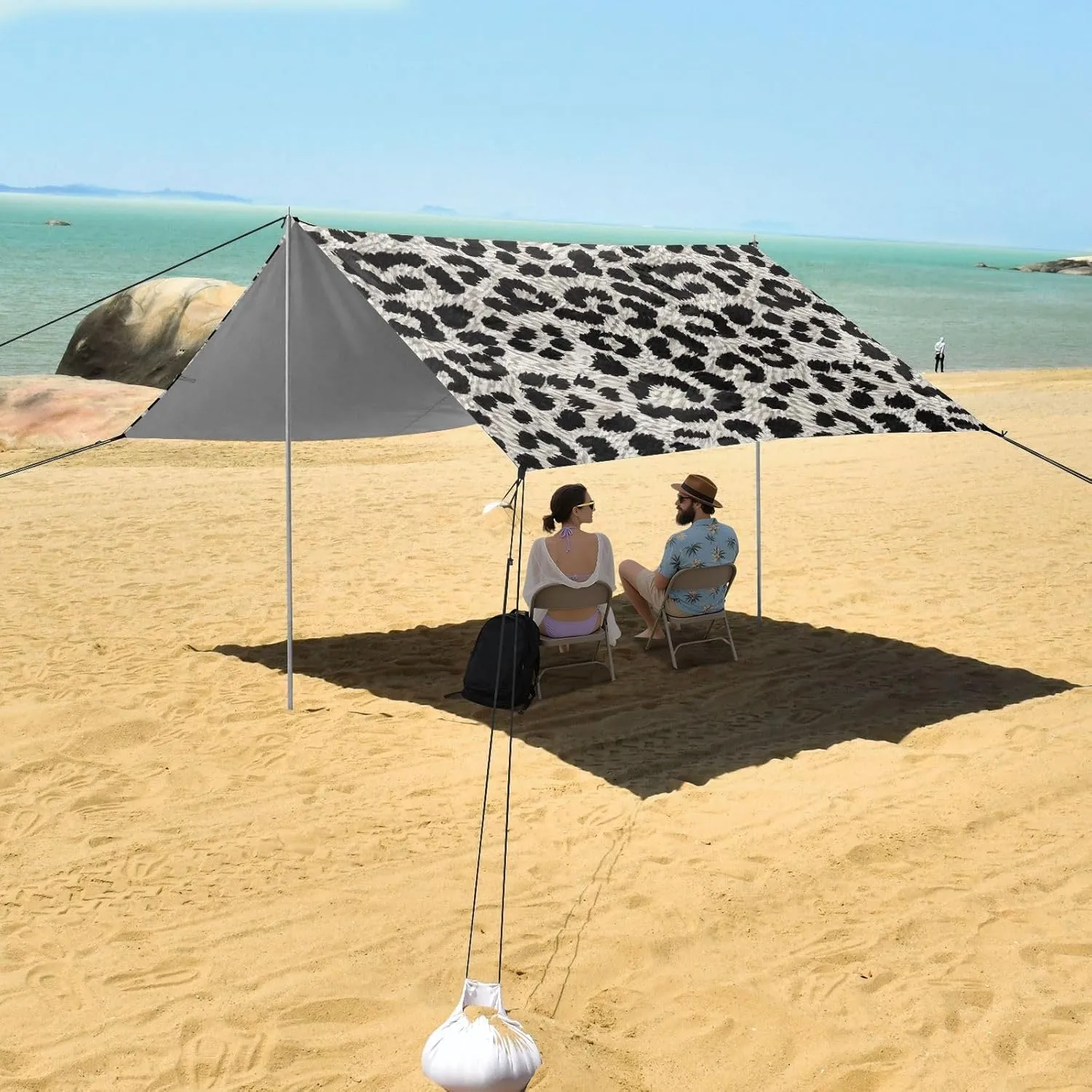 Beach Tent Canopy 9.2 × 10.5 FT Outdoor Sun Shade Patio Leopard Print Gray Black Large Sand Camping Sun Shelter Wind Sail Shade with Sandbags Anchor