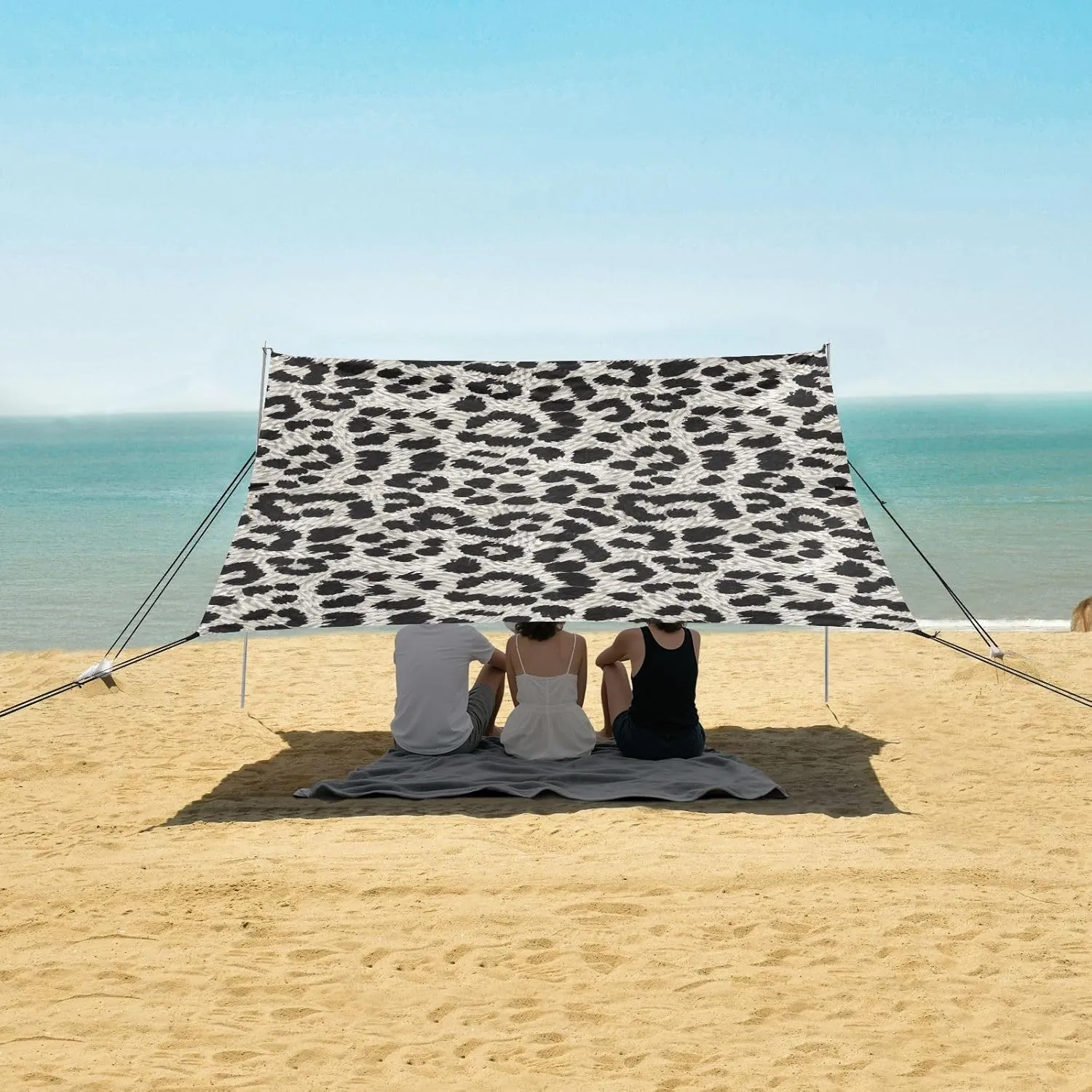 Beach Tent Canopy 9.2 × 10.5 FT Outdoor Sun Shade Patio Leopard Print Gray Black Large Sand Camping Sun Shelter Wind Sail Shade with Sandbags Anchor