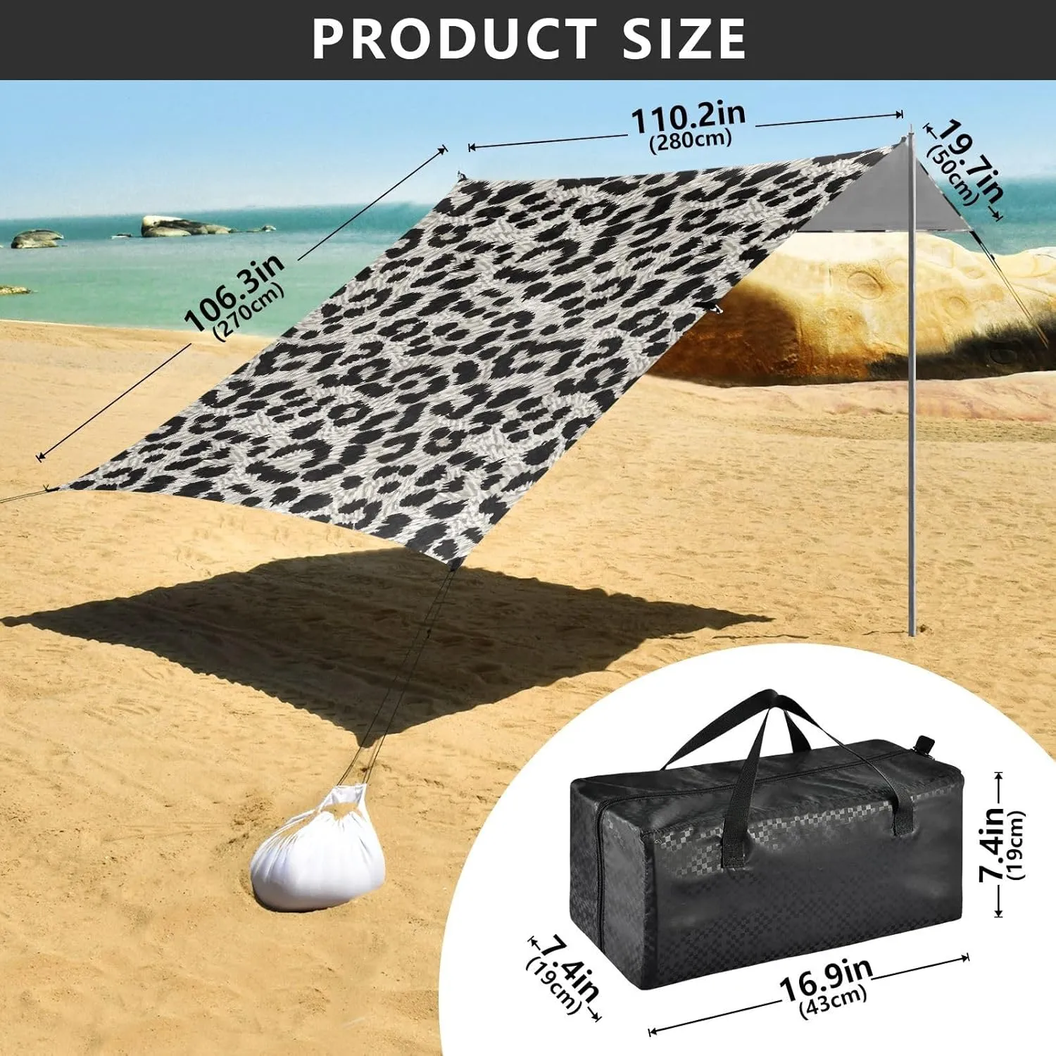 Beach Tent Canopy 9.2 × 10.5 FT Outdoor Sun Shade Patio Leopard Print Gray Black Large Sand Camping Sun Shelter Wind Sail Shade with Sandbags Anchor