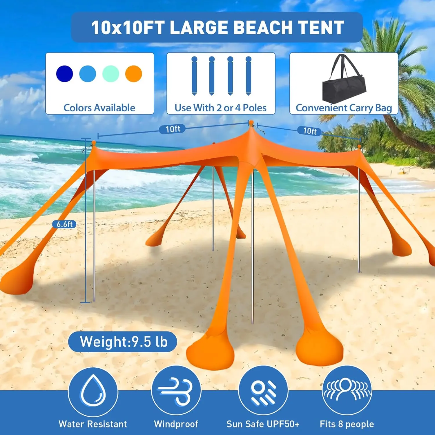 Beach Tent Canopy Pop Up Shade 10x10ft Sun Shelter Portable Family UPF50  with 8 Sandbags-2 Sand Shovel-4 Aluminum Poles-Ground Pegs-Carrying Bag for Outdoor Camping Fishing Backyard Picnic