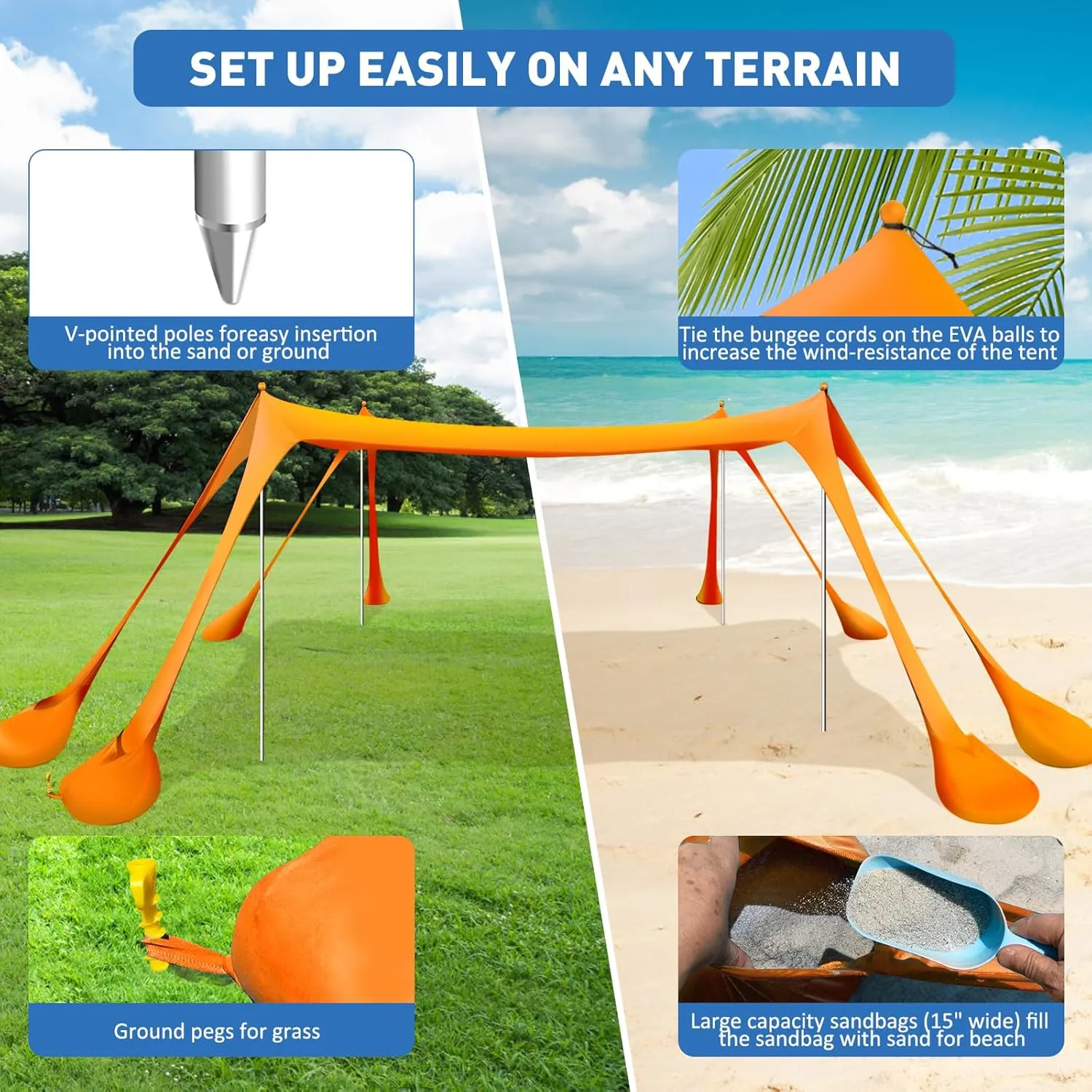 Beach Tent Canopy Pop Up Shade 10x10ft Sun Shelter Portable Family UPF50  with 8 Sandbags-2 Sand Shovel-4 Aluminum Poles-Ground Pegs-Carrying Bag for Outdoor Camping Fishing Backyard Picnic