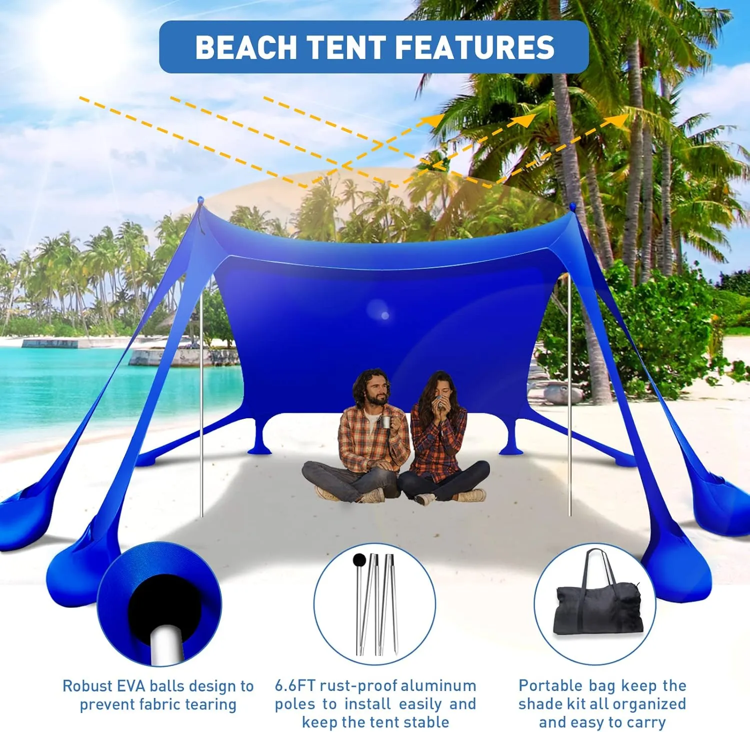 Beach Tent Canopy Pop Up Shade 10x10ft Sun Shelter Portable Family UPF50  with 8 Sandbags-2 Sand Shovel-4 Aluminum Poles-Ground Pegs-Carrying Bag for Outdoor Camping Fishing Backyard Picnic