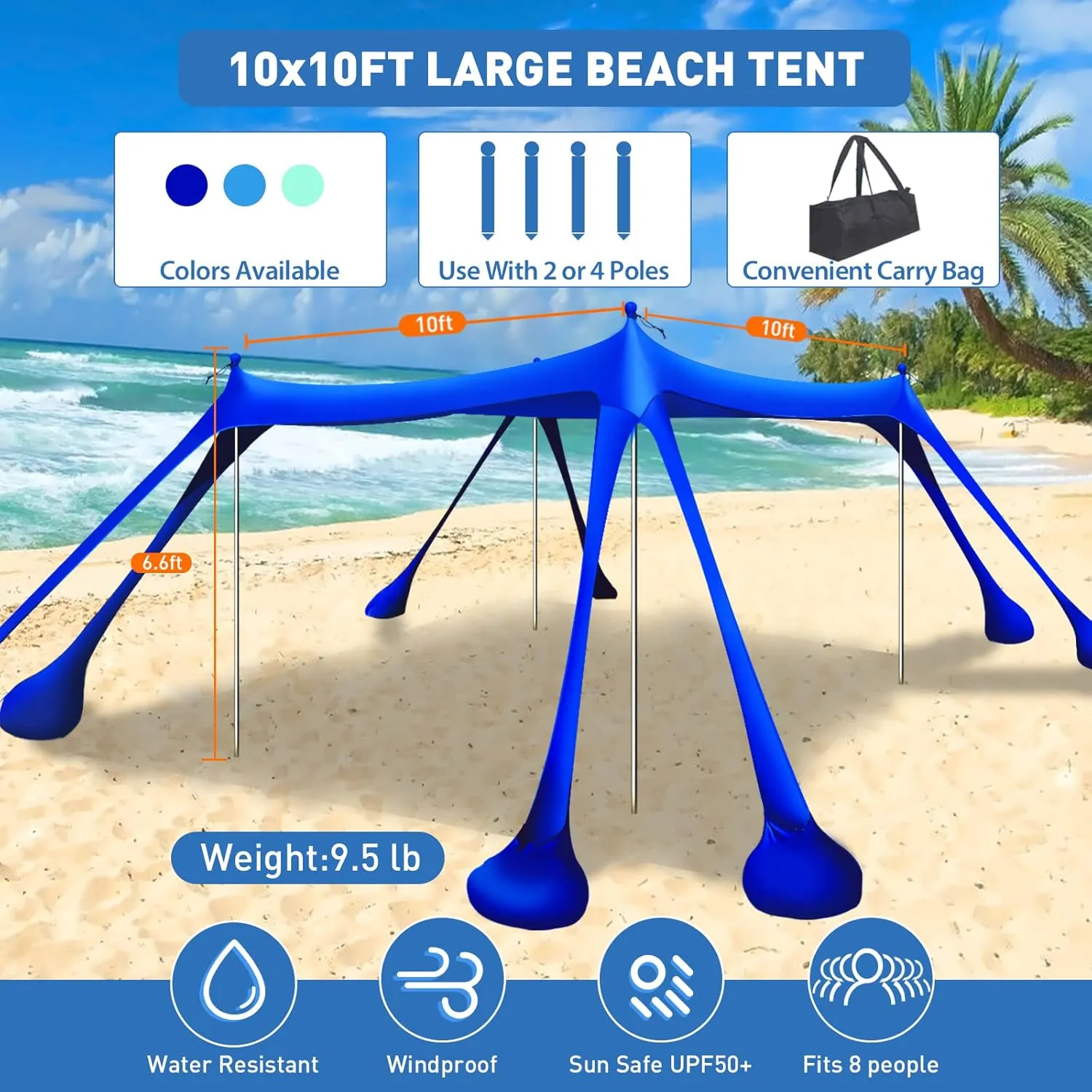 Beach Tent Canopy Pop Up Shade 10x10ft Sun Shelter Portable Family UPF50  with 8 Sandbags-2 Sand Shovel-4 Aluminum Poles-Ground Pegs-Carrying Bag for Outdoor Camping Fishing Backyard Picnic