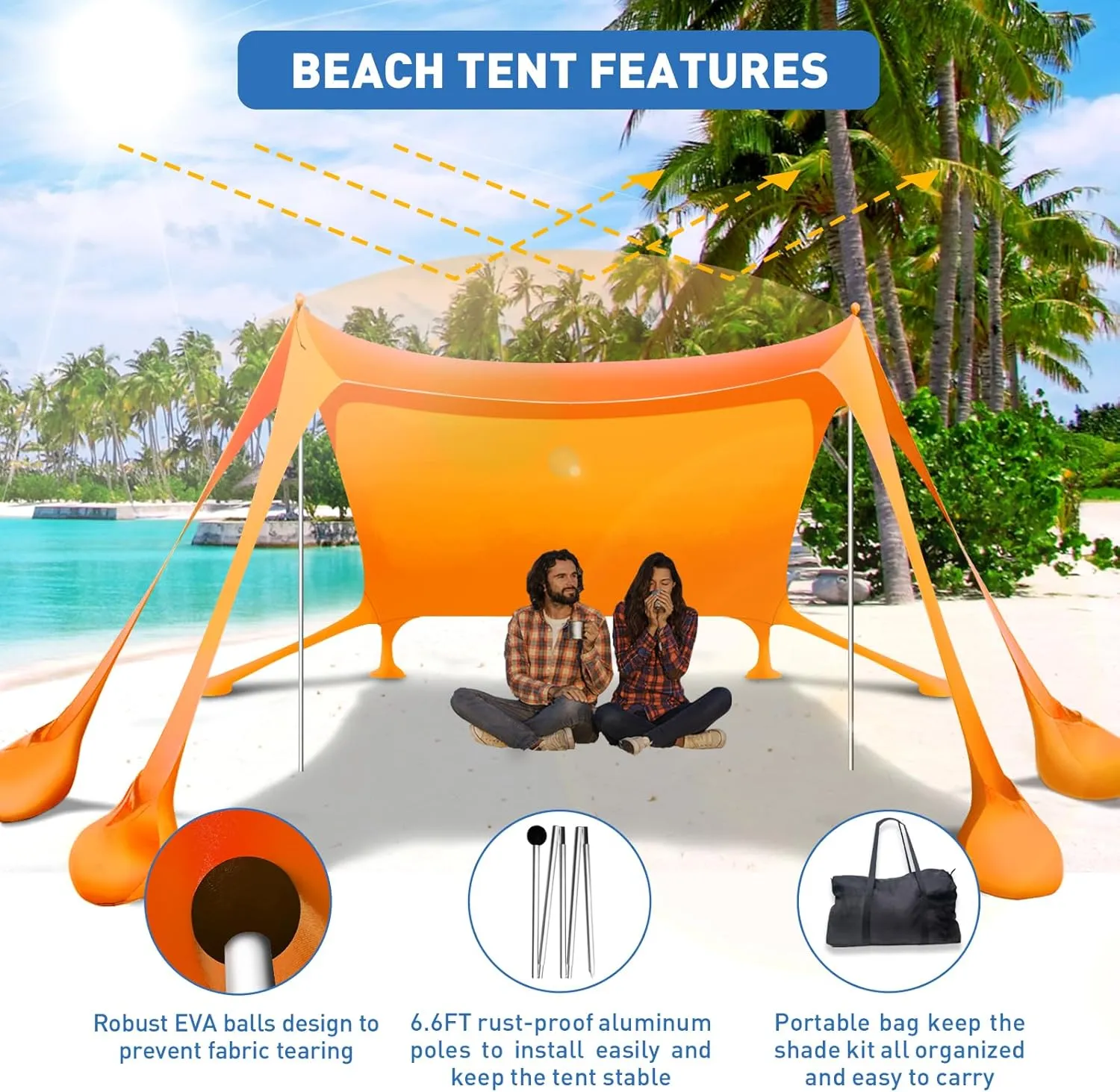 Beach Tent Canopy Pop Up Shade 10x10ft Sun Shelter Portable Family UPF50  with 8 Sandbags-2 Sand Shovel-4 Aluminum Poles-Ground Pegs-Carrying Bag for Outdoor Camping Fishing Backyard Picnic