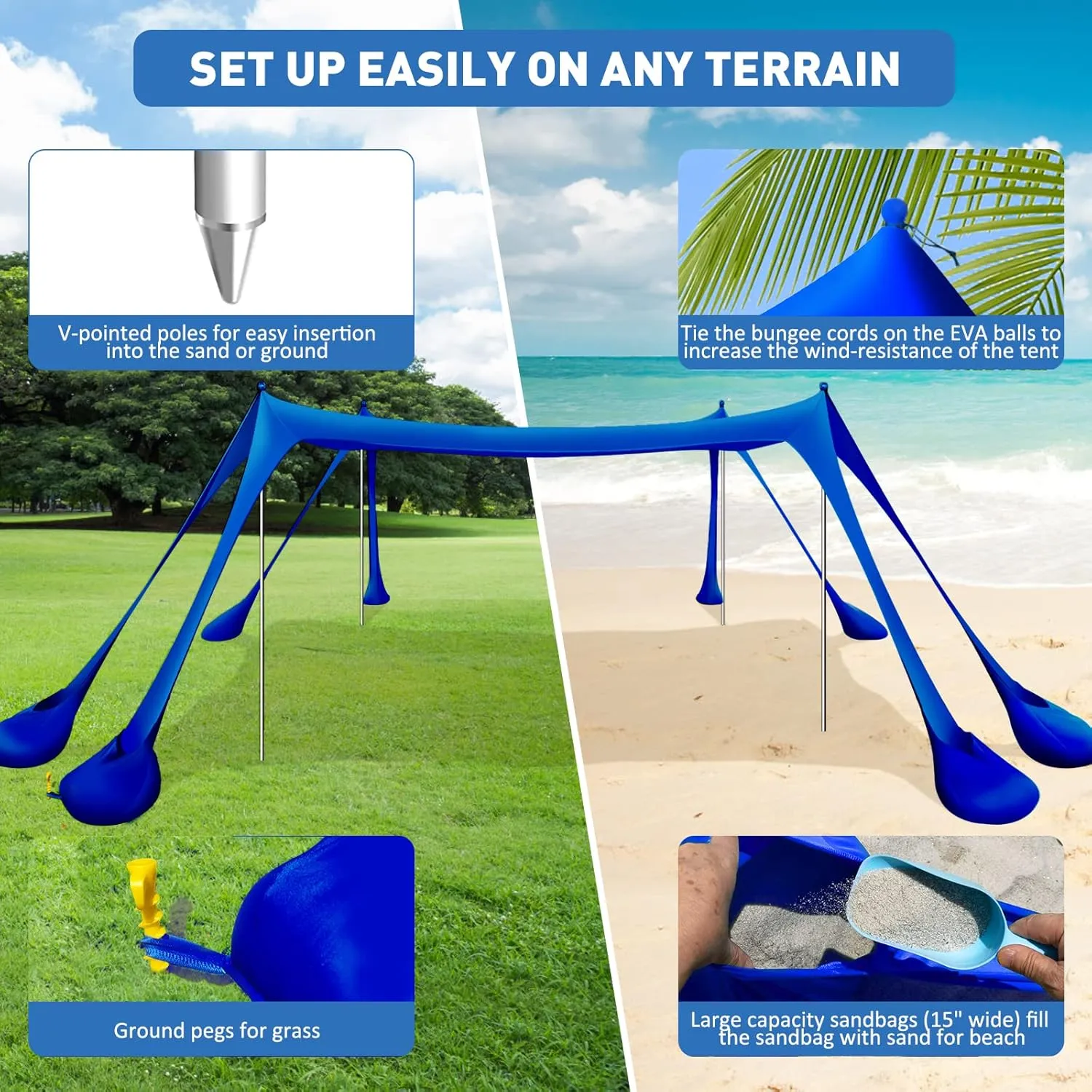 Beach Tent Canopy Pop Up Shade 10x10ft Sun Shelter Portable Family UPF50  with 8 Sandbags-2 Sand Shovel-4 Aluminum Poles-Ground Pegs-Carrying Bag for Outdoor Camping Fishing Backyard Picnic
