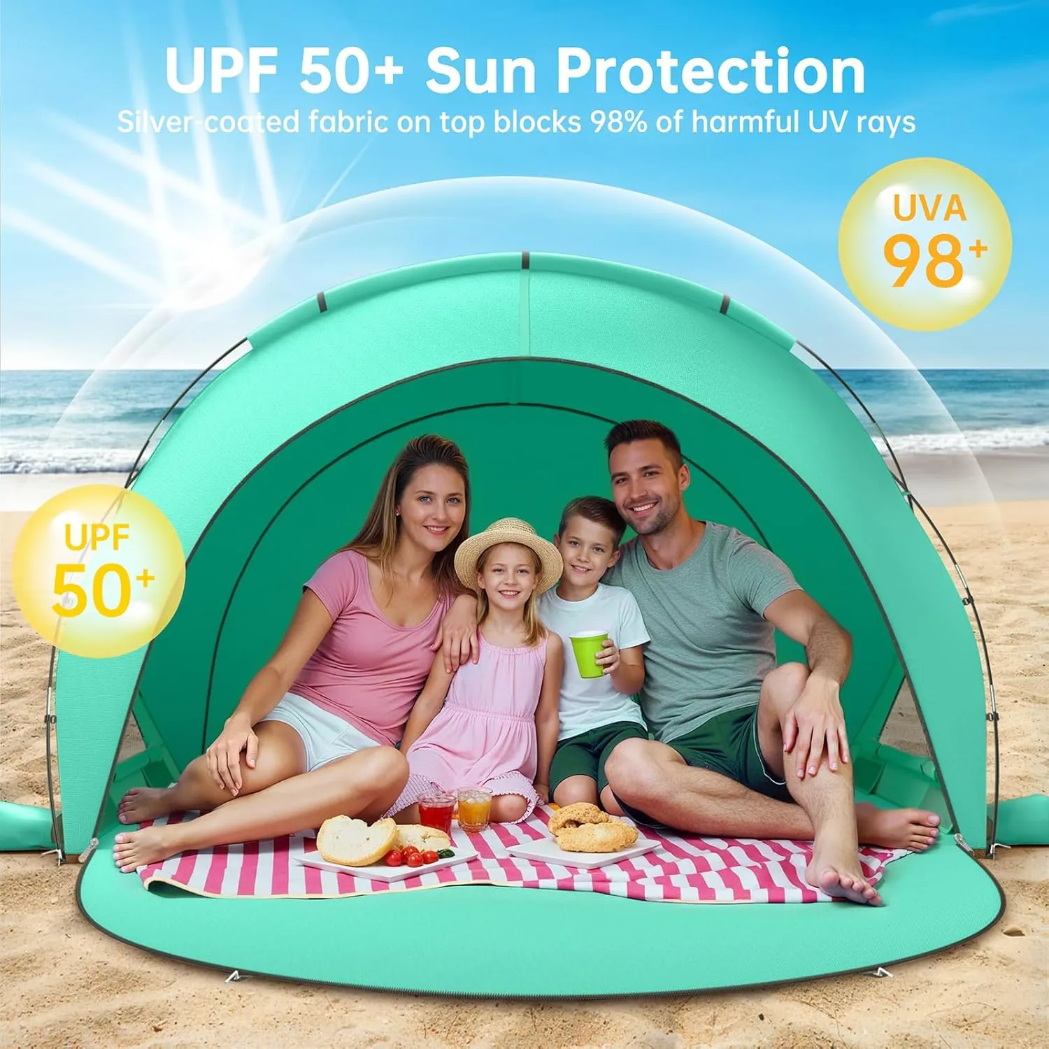 Beach Tent Sun Shelter, Beach Shade Tent with UPF50  UV Protection, Beach Sun Shelter, Beach Shade with 2 Zippered Doors, Portable Beach Tent for Beach Camping Fishing