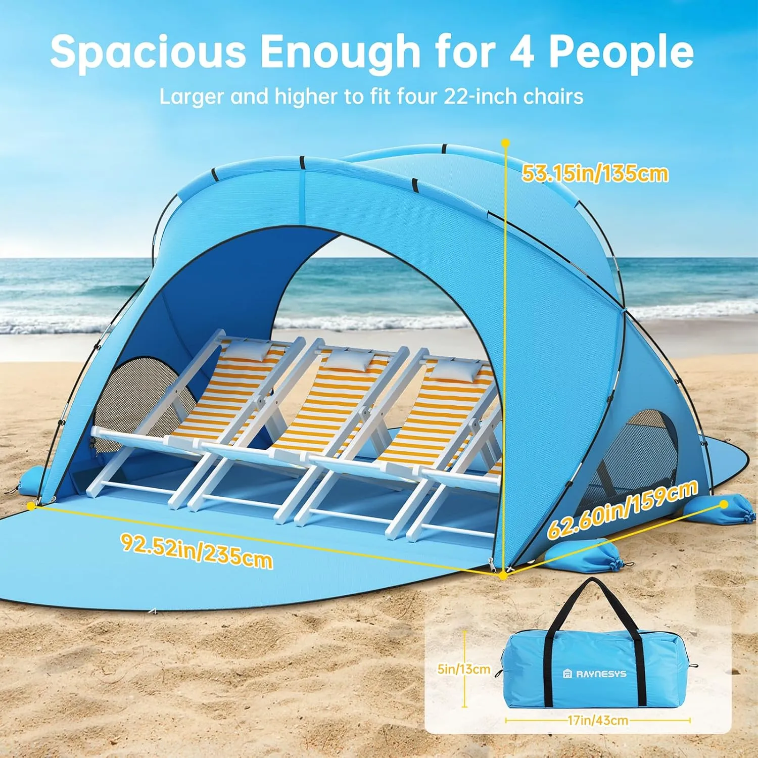 Beach Tent Sun Shelter, Beach Shade Tent with UPF50  UV Protection, Beach Sun Shelter, Beach Shade with 2 Zippered Doors, Portable Beach Tent for Beach Camping Fishing