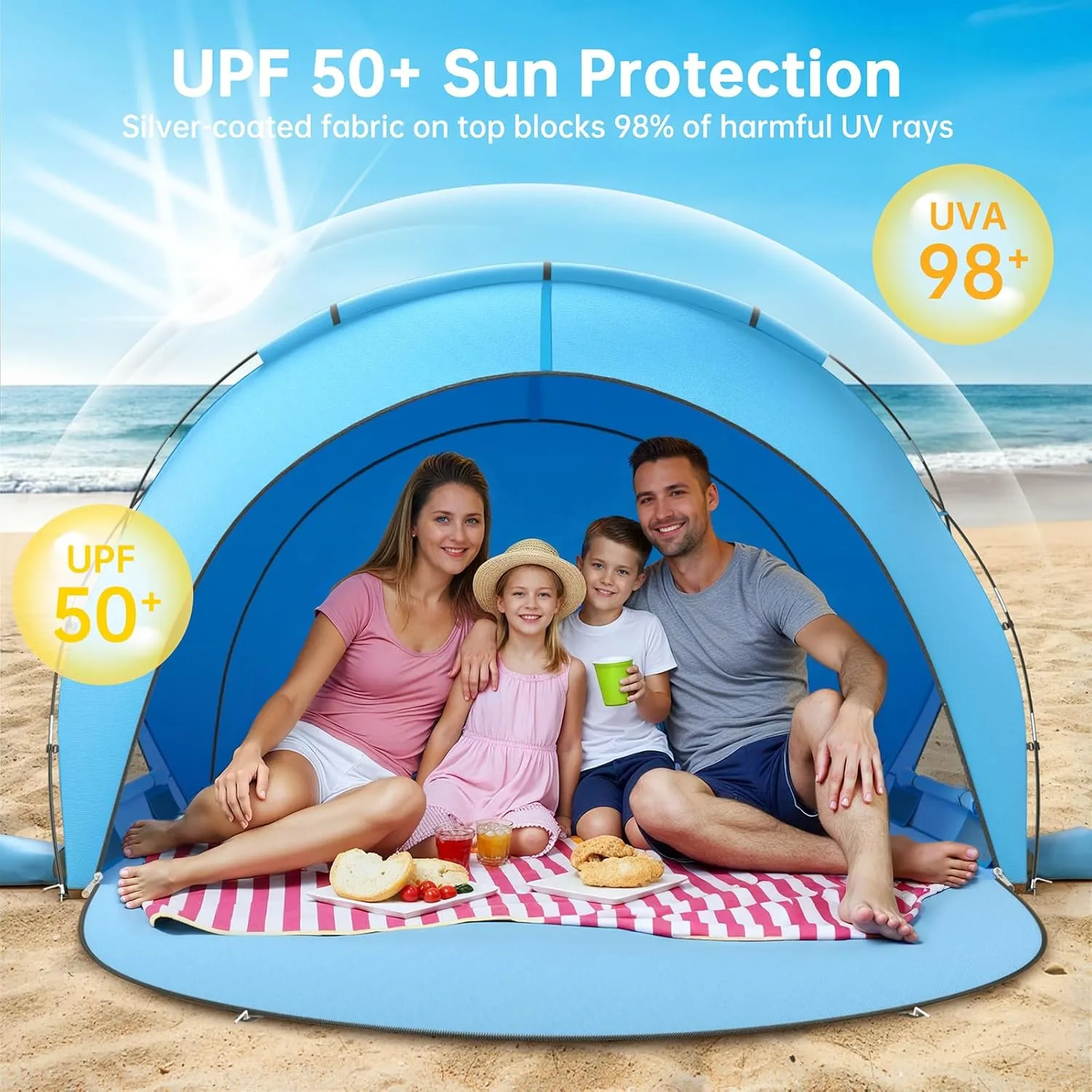 Beach Tent Sun Shelter, Beach Shade Tent with UPF50  UV Protection, Beach Sun Shelter, Beach Shade with 2 Zippered Doors, Portable Beach Tent for Beach Camping Fishing