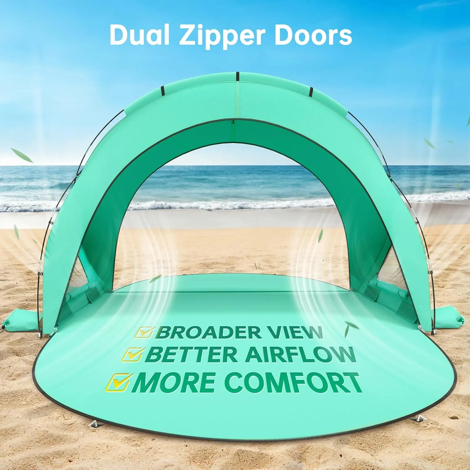 Beach Tent Sun Shelter, Beach Shade Tent with UPF50  UV Protection, Beach Sun Shelter, Beach Shade with 2 Zippered Doors, Portable Beach Tent for Beach Camping Fishing